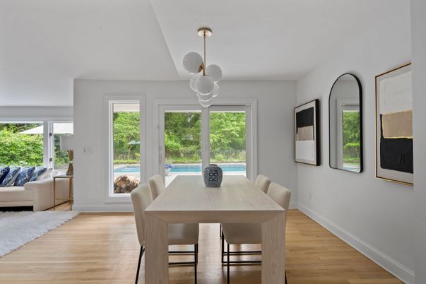 Dining room, Interior, Pendant Lights, Wood Texture Flooring