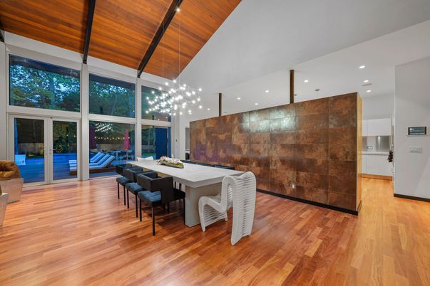 Dining room, Interior, Pendant Lights, Recessed Lighting, Wooden Ceilings, Wood Texture Flooring