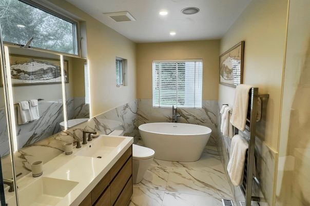 Bathroom, Dual Sink Vanities, Free Standing Baths, Interior, Marble, Marble Walls, Recessed Lighting