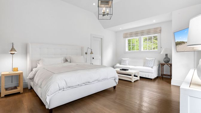Bedroom, Interior, Pendant Lights, Recessed Lighting, Wood Texture Flooring