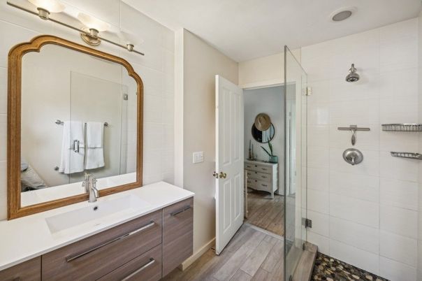 Bathroom, Glass Shower, Interior, Wood Texture Flooring