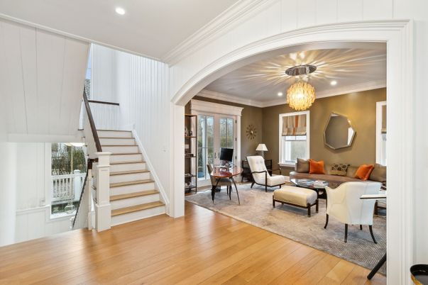 Chandelier, Interior, Living room, Recessed Lighting, Wood Texture Flooring