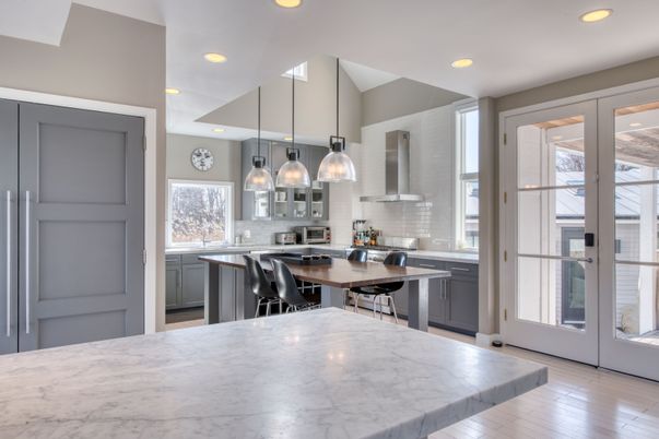 Dining room, Interior, Kitchen, Pendant Lights, Recessed Lighting, Wood Texture Flooring