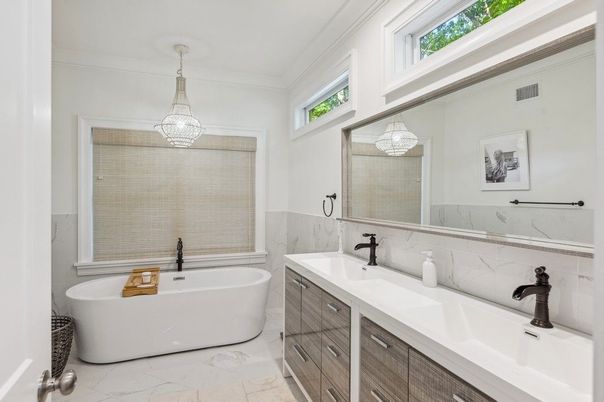 Bathroom, Dual Sink Vanities, Free Standing Baths, Interior, Marble, Pendant Lights