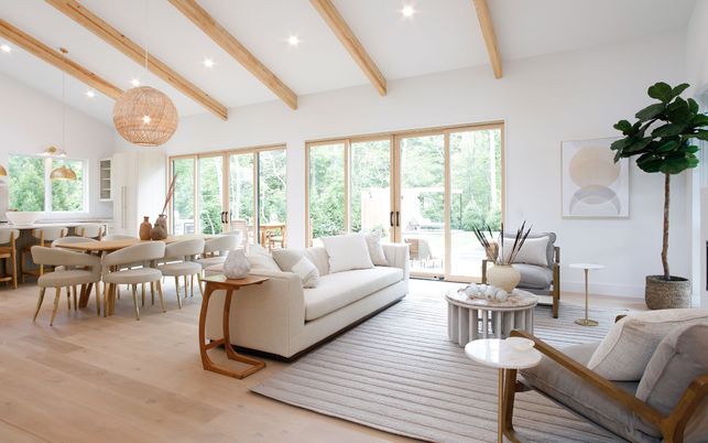 Chandelier, Dining room, Interior, Living room, Recessed Lighting, Wooden Beams, Wood Texture Flooring