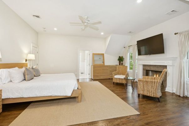 Bedroom, Fireplace, Interior, Recessed Lighting, Wood Texture Flooring