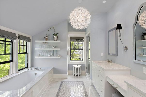 Bathroom, Chandelier, Dual Sink Vanities, Interior, Marble, Recessed Lighting