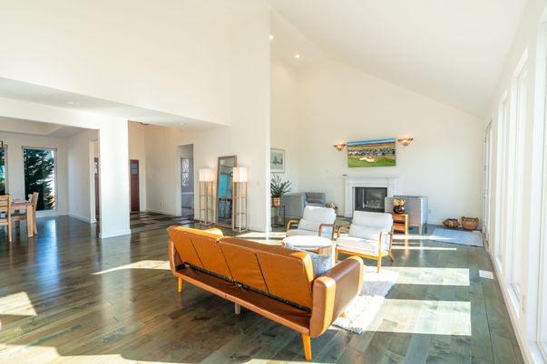 Dining room, Fireplace, Interior, Living room, Recessed Lighting, Wood Texture Flooring
