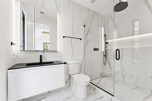 Bathroom, Glass Shower, Interior, Marble, Marble Walls, Recessed Lighting