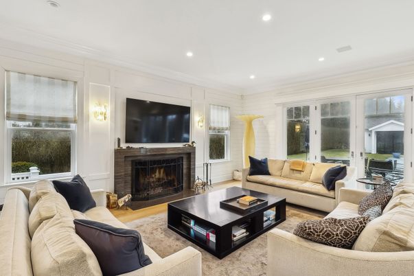 Fireplace, Interior, Living room, Recessed Lighting, Wood Texture Flooring