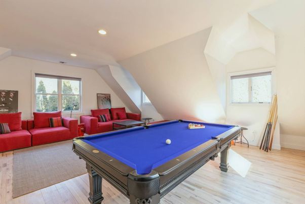 Billiard Table, Game Room, Interior, Recessed Lighting, Wood Texture Flooring