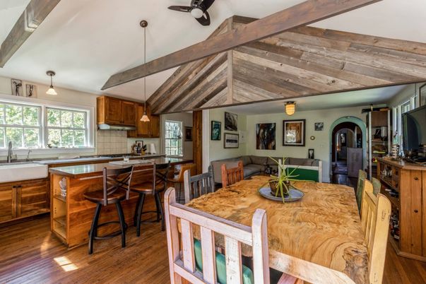 Dining room, Interior, Kitchen, Pendant Lights, Wooden Beams, Wood Texture Flooring