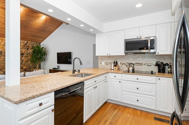 Interior, Kitchen, Recessed Lighting, Stainless Steel Appliances, Wooden Ceilings, Wood Texture Flooring