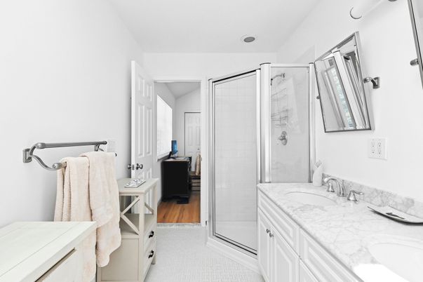Bathroom, Dual Sink Vanities, Glass Shower, Interior, Wood Texture Flooring
