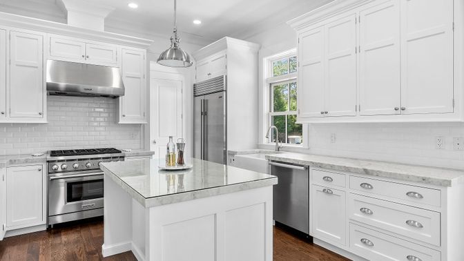 Interior, Kitchen, Pendant Lights, Recessed Lighting, Stainless Steel Appliances, Wood Texture Flooring