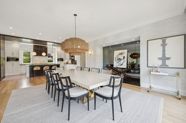 Dining room, Interior, Kitchen, Pendant Lights, Recessed Lighting, Wood Texture Flooring