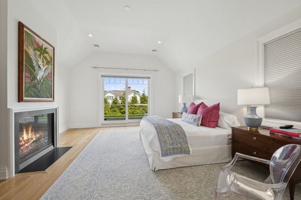 Bedroom, Fireplace, Interior, Recessed Lighting, Wood Texture Flooring