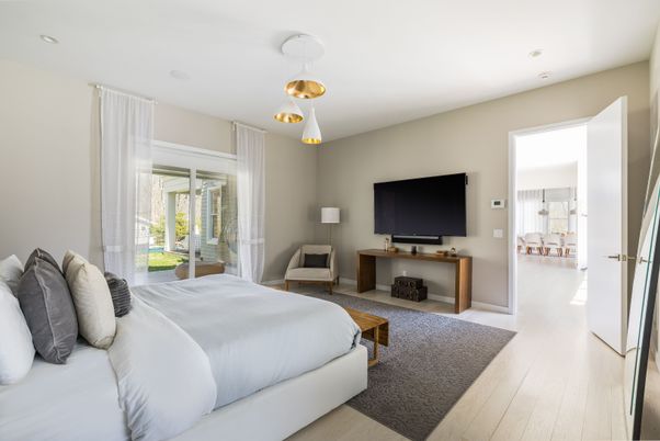 Bedroom, Interior, Pendant Lights, Recessed Lighting, Wood Texture Flooring
