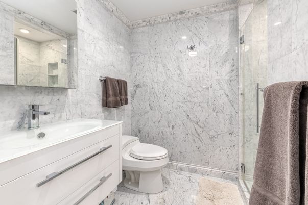 Bathroom, Glass Shower, Interior, Marble Walls, Recessed Lighting