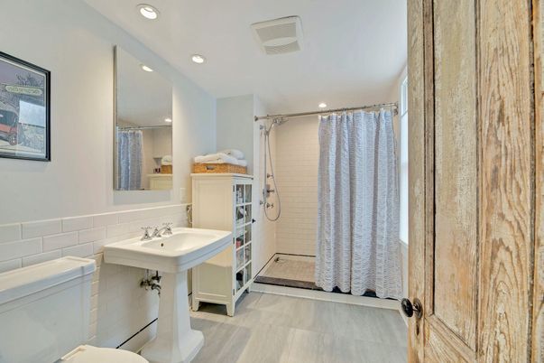 Bathroom, Interior, Recessed Lighting, Wood Texture Flooring
