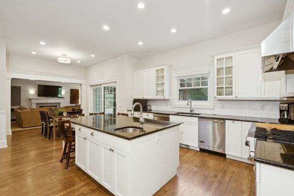 Dining room, Interior, Kitchen, Living room, Recessed Lighting, Stainless Steel Appliances, Wood Texture Flooring