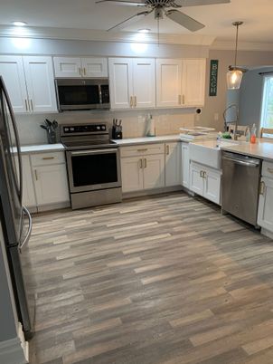 Interior, Kitchen, Pendant Lights, Stainless Steel Appliances, Wood Texture Flooring