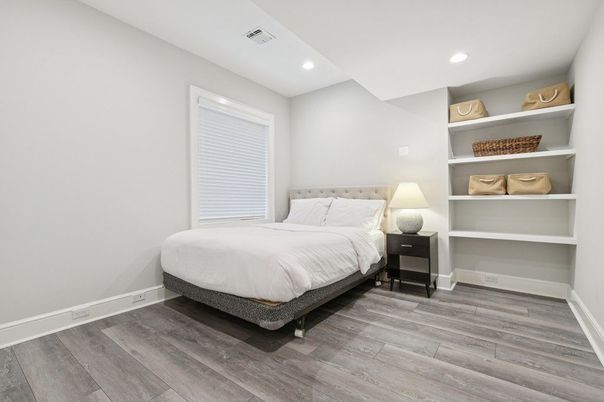 Bedroom, Interior, Recessed Lighting, Wood Texture Flooring
