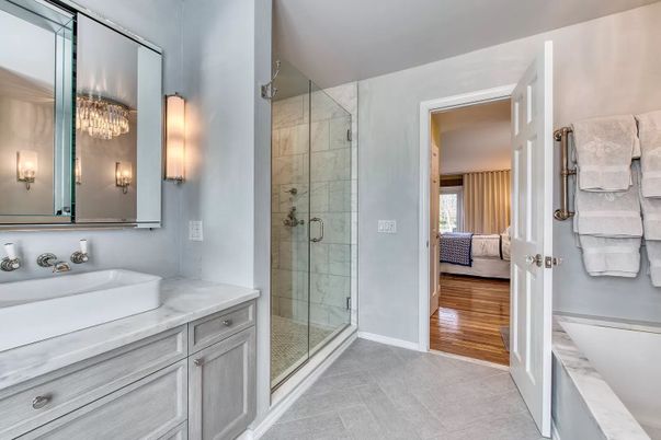 Bathroom, Glass Shower, Interior, Wood Texture Flooring