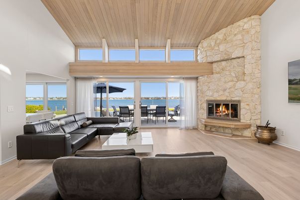 Fireplace, Interior, Living room, Stone Walls, Water, Wooden Ceilings, Wood Texture Flooring