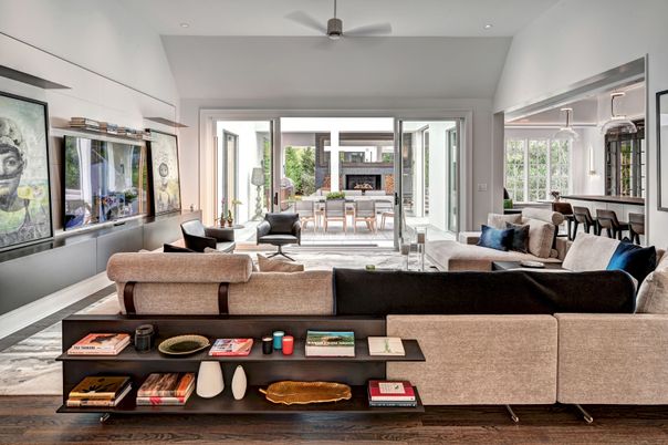 Dining room, Interior, Living room, Pendant Lights, Recessed Lighting, Wood Texture Flooring