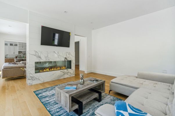Fireplace, Interior, Living room, Recessed Lighting, Wood Texture Flooring
