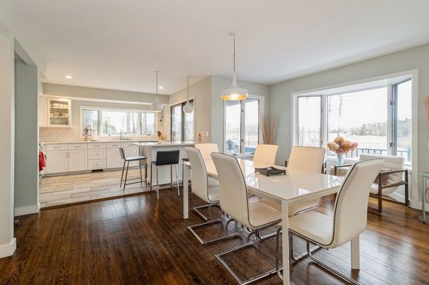 Dining room, Interior, Pendant Lights, Recessed Lighting, Wood Texture Flooring