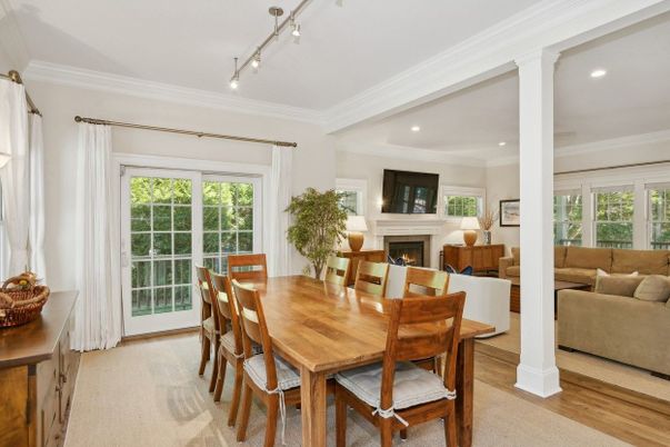 Dining room, Fireplace, Interior, Living room, Recessed Lighting, Wood Texture Flooring