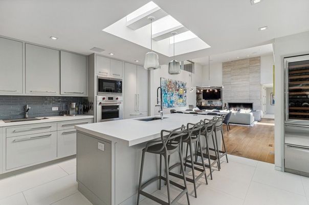 Fireplace, Interior, Kitchen, Pendant Lights, Recessed Lighting, Stainless Steel Appliances, Wood Texture Flooring