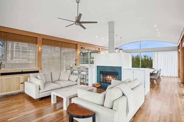 Dining room, Fireplace, Interior, Living room, Pendant Lights, Recessed Lighting, Wood Texture Flooring