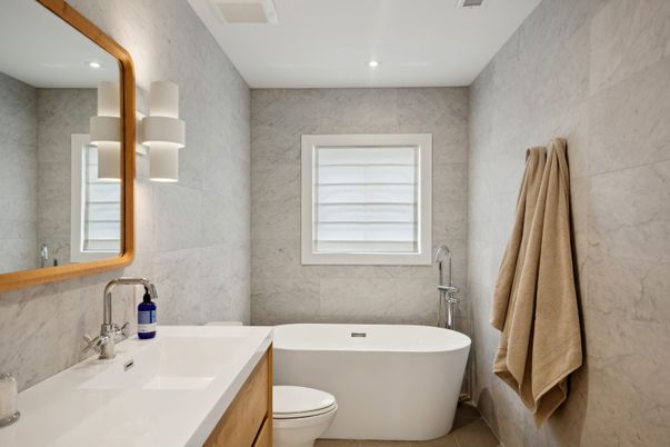Bathroom, Dual Sink Vanities, Free Standing Baths, Interior, Marble Walls, Recessed Lighting