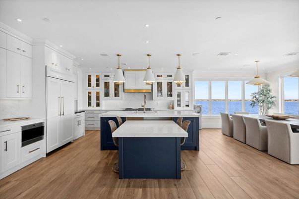 Dining room, Interior, Kitchen, Pendant Lights, Recessed Lighting, Water, Wood Texture Flooring