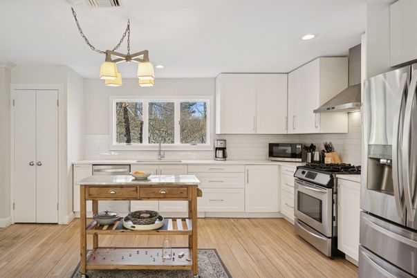 Interior, Kitchen, Pendant Lights, Recessed Lighting, Stainless Steel Appliances, Wood Texture Flooring