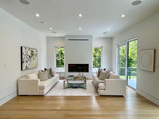 Fireplace, Interior, Living room, Recessed Lighting, Wood Texture Flooring
