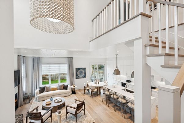 Dining room, Fireplace, Interior, Kitchen, Living room, Pendant Lights, Recessed Lighting, Wood Texture Flooring