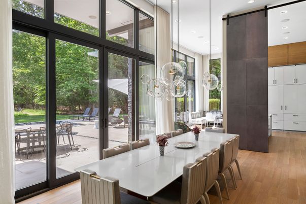Dining room, Interior, Pendant Lights, Recessed Lighting, Wood Texture Flooring
