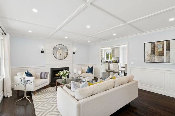 Fireplace, Interior, Living room, Recessed Lighting, Wood Texture Flooring
