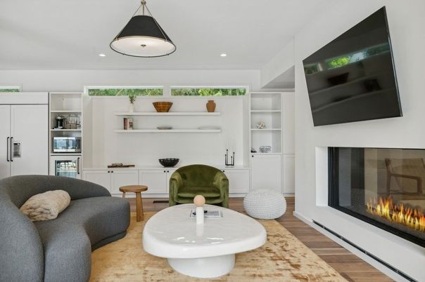 Fireplace, Interior, Living room, Recessed Lighting, Wood Texture Flooring