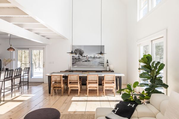 Dining room, Interior, Pendant Lights, Wood Texture Flooring