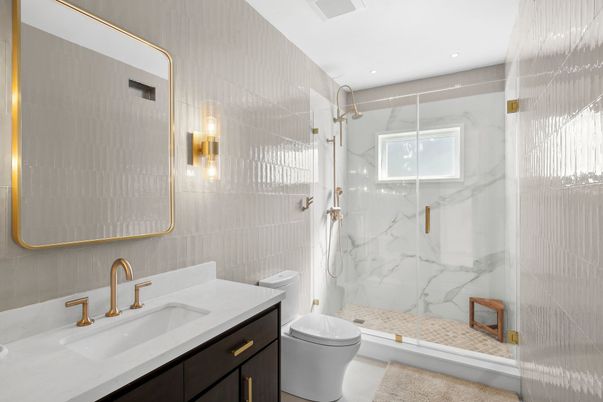 Bathroom, Glass Shower, Interior, Marble Walls, Recessed Lighting