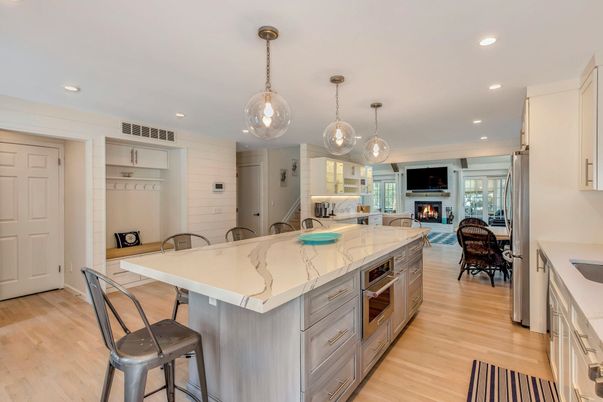 Dining room, Fireplace, Interior, Kitchen, Pendant Lights, Recessed Lighting, Wood Texture Flooring
