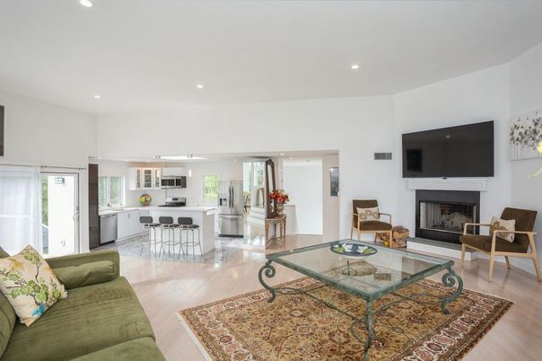 Fireplace, Interior, Kitchen, Living room, Recessed Lighting, Stainless Steel Appliances, Wood Texture Flooring
