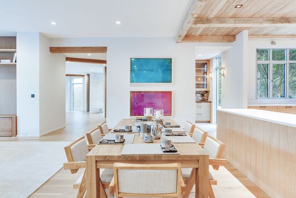 Dining room, Interior, Recessed Lighting, Wooden Beams, Wooden Ceilings, Wood Texture Flooring