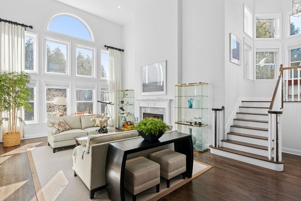 Dining room, Fireplace, Interior, Living room, Recessed Lighting, Wood Texture Flooring