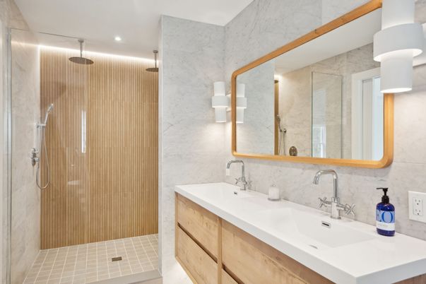 Bathroom, Dual Sink Vanities, Glass Shower, Interior, Marble Walls, Recessed Lighting